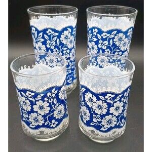 (4) Vtg Libbey Blue & White Floral Lace Drinking Glasses Tall Juice